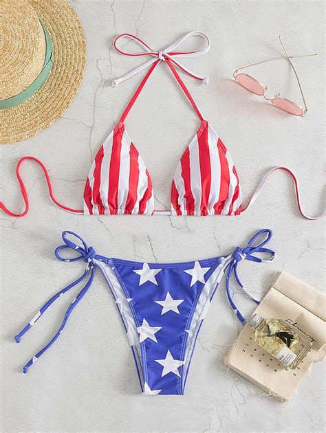 Shein Swim Summer Beach American Flag Bikini Set Halter Triangle Bra