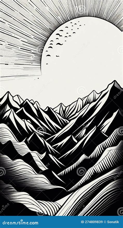 Abstract Mountain Line Art Landscape By Generative Ai Stock