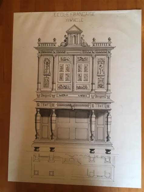 TRES BEAU GRAND Dessin Original Meuble XVI Sur Papier Encre Lavis EUR