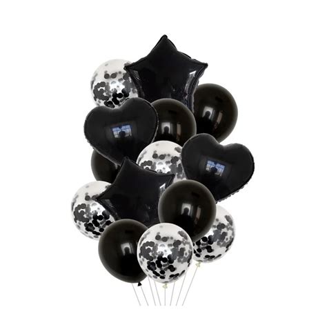 Set Baloane Piese Negru Cu Confetti Inima Stea Folie Latex