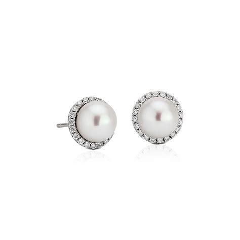 Freshwater Pearl Studs with Diamond Halos in 14k White Gold (0.2 ct. tw ...