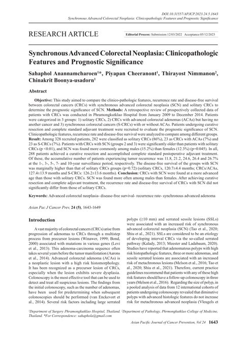 Pdf Synchronous Advanced Colorectal Neoplasia Clinicopathologic