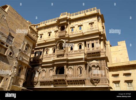 Traditional Sandstone Carved Indian Haveli Or Merchants House Stock