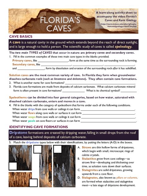 Fillable Online Caves And Cave Formations Basics Worksheet KEY Fax