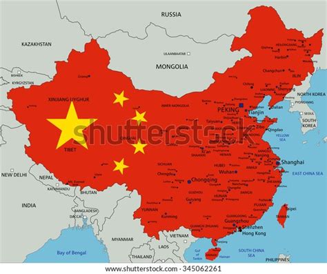 China Highly Detailed Political Map With National Flag