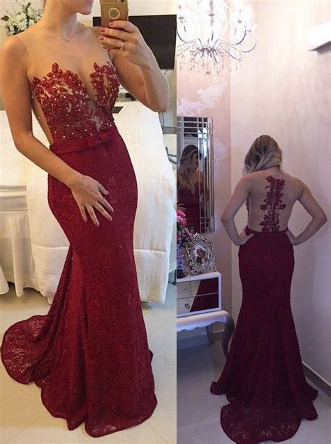 New Arrival 2016 Burgundy Lace Prom Dress Mermaid Long Prom Dress Wine