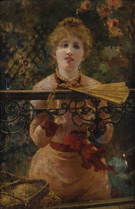 Edoardo Tofano Portrait Of A Lady Holding A Fan By A Garden Fence