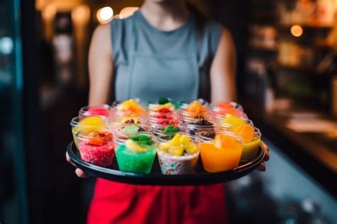 Waitress Holding A Tray With Colourful Refreshing Cold Cocktails