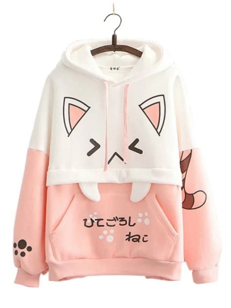 Gato Kawaii Feminino Capuz Impresso Moletom De Algod O Topo