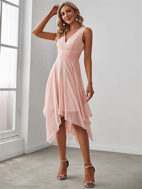 V Neck Ruched Asymmetrical Hems Midi Chiffon Bridesmaid Dress Short