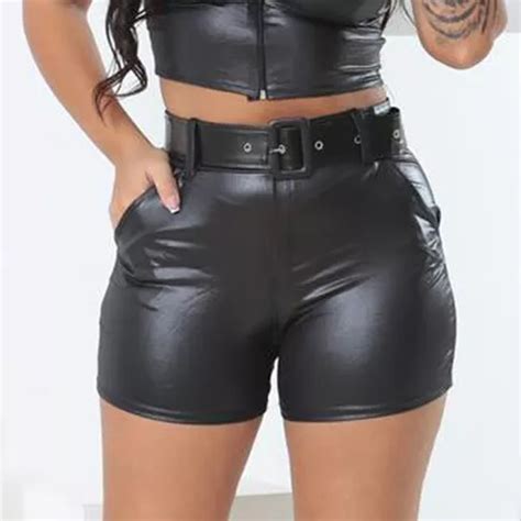 Short Cirre Courino Brilhante Para Mulher Cinto E Bolso