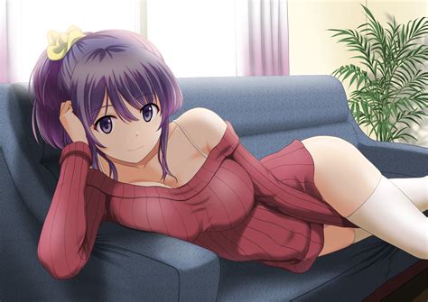 Wallpaper Couch Purple Hair Big Boobs Ponytail Purple Eyes Thigh