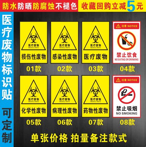 医疗废物标识贴医院垃圾桶分类标志危废弃暂存间点存放处提示禁止饮食严禁吸烟贴纸警示牌当心电离辐射指示牌虎窝淘