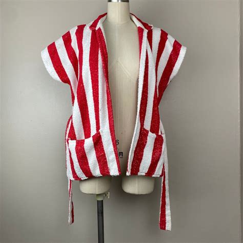 Vintage 60s 70s Terry Cloth Beach Jacket Size S M Red And White Strip Shop Thrilling