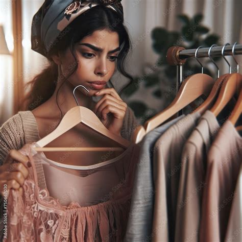 Thoughtful Woman Selecting Clothes From Her Wardrobes Rack Nothing To