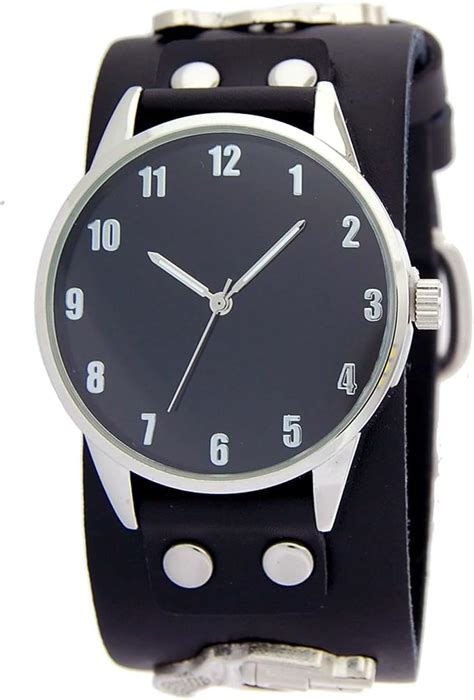 Mens Black Dial Biker Watch With Black Wide Leather Cuff