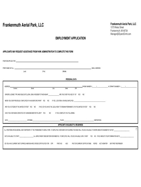 Fillable Online Park Monitor Frankenmuth Aerial Park 14 Hr 16 Hr