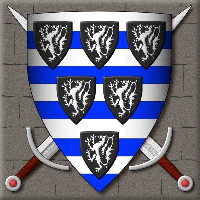 A Blue And White Striped Shield With Two Swords On The Front And Three