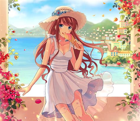 Hd Wallpaper Anime Original Blue Eyes Brown Hair Dress Flower