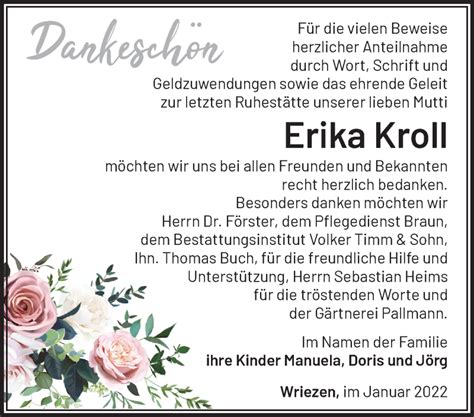 Traueranzeigen von Erika Kroll Märkische Onlinezeitung Trauerportal