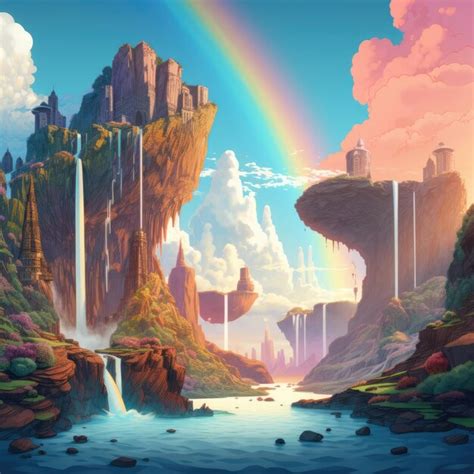 Premium Ai Image Fantasy Landscape With Rainbow Waterfalls And