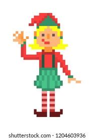 Christmas Elf Waving Pixel Art Character Stock Vector (Royalty Free ...