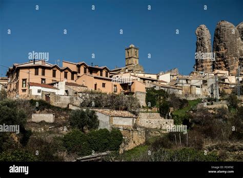 Aguero Village with rock formation background, Huesca, Aragon, Spain ...