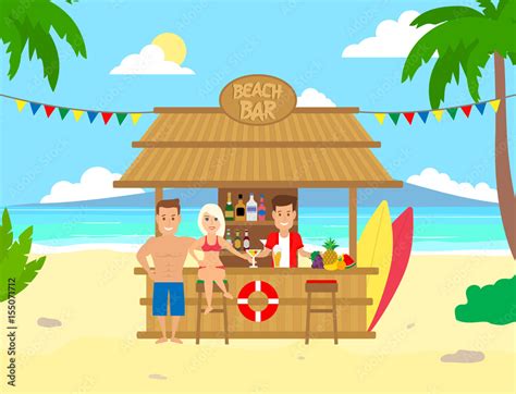 Vecteur Stock Couple Man And Woman In Tropical Beach Bar Adobe Stock