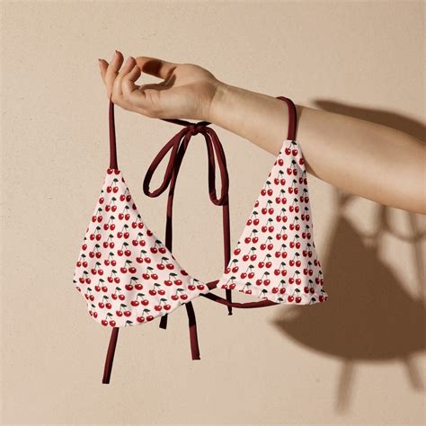 CHERRY BIKINI TOP Retro Pink Triangle Bikini Top With Cherries Cherry Print String Bikini Bra