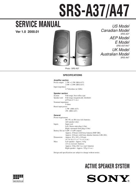 Download free pdf for Sony SRS-A37 Speaker manual
