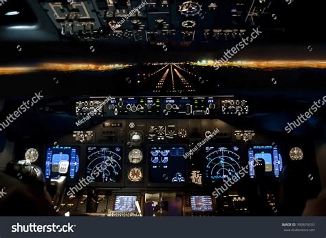 Final Approach At Night - Landing Of A Jet Airliner, View From The Cockpit Stock Photo 390674533 ...