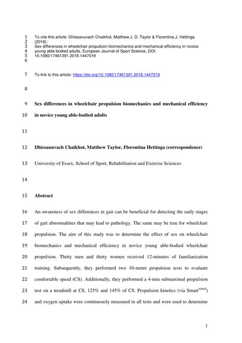 Pdf Sex Differences In Wheelchair Propulsion Biomechanics And Mechanical Efficiency In Novice