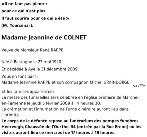 Avis de décès de Jeannine de COLNET décédé le 31 01 2009 à Aye