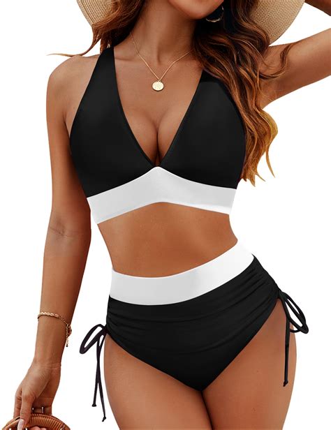 Blooming Jelly Women High Waisted Bikini Sets Tummy Control Swimsuits Color Block Two Piece