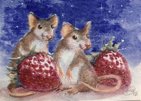 Sold Mice Aceo Original Painting Mouse Watercolor Strawberries Art