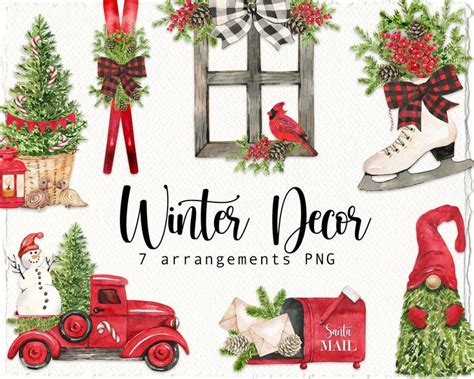 watercolor winter decor clipart set with red truck, snowman and christmas tree