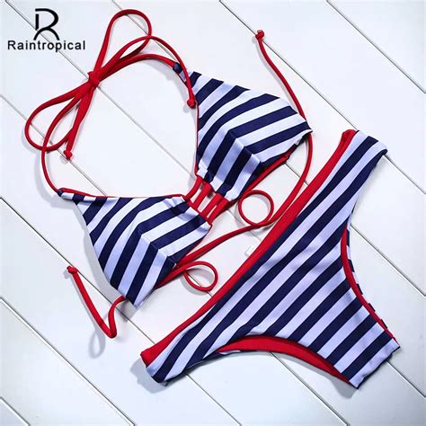 Raintropical Sexy Women Swimsuit Bikini Set Halter Print Retro