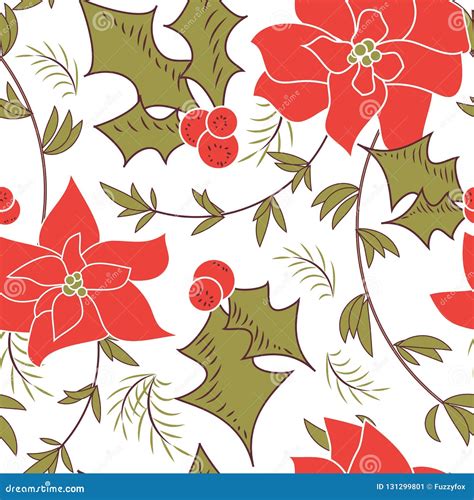 Seamless Christmas Poinsettia Floral Pattern Stock Vector