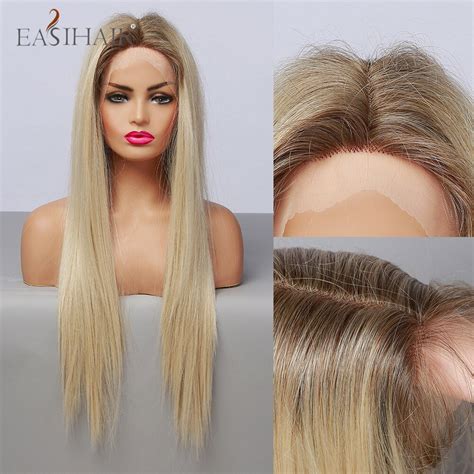 EASIHAIR Long Synthetic Straight Ombre Light Blonde Platinum Lace Front