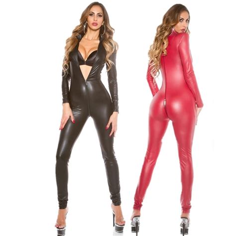 Sexy Hot Frauen Faux Leder Overall Lange Sleeve Zipper Ffnen Gabelung Wetlook Latex Catsuit