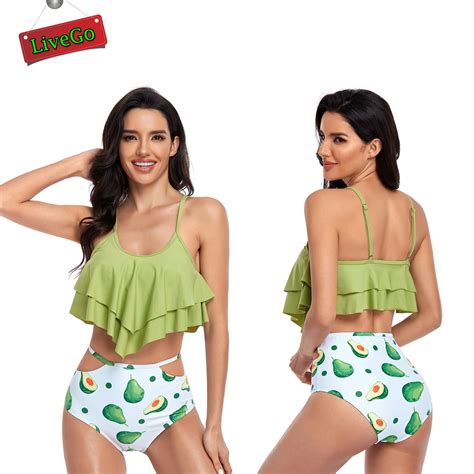 LiveGo Women High Waisted Swimsuits Two Piece Tankini Flounce Bathing Suits Bikini Set Avocado