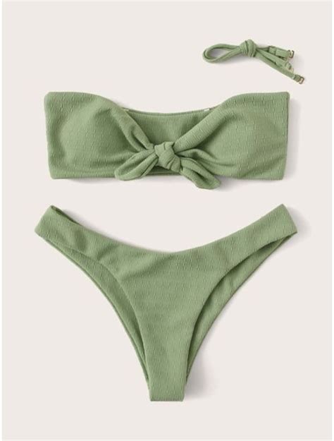 Buy Textured Knot Front Bandeau With High Cut Bikini Online Topofstyle