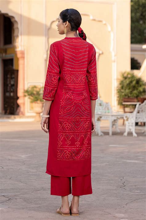 Red Bandhani Kurta Cottons Jaipur