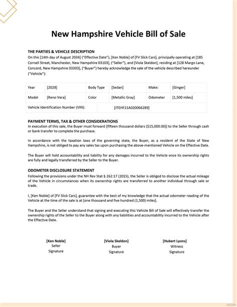 Nh Vehicle Bill Of Sale Template