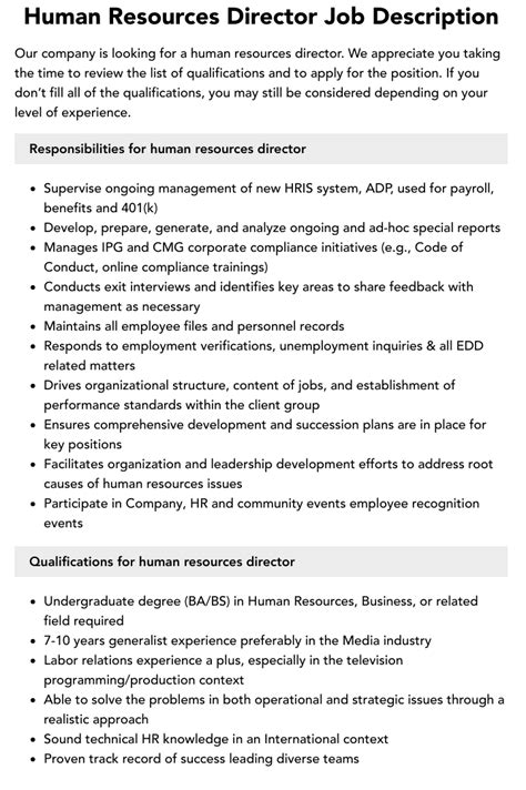 Human Resources Director Job Description Velvet Jobs