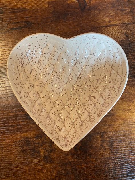 Vintage Quilted Heart Shaped Pottery Dish With White And Beige Speckled