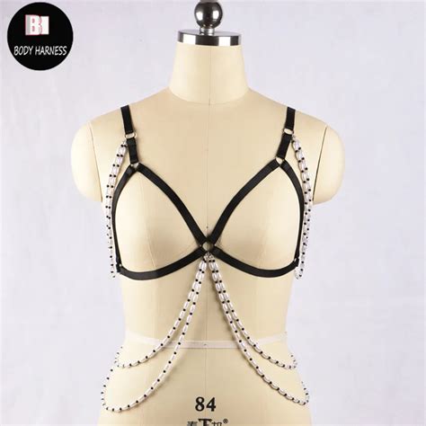 New Women Sexy Bondage Lingerie Body Harness Black Pearl Chain Fetish