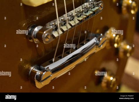 Gold Top Electric Guitar Closeup Details Body Bridge Strings And Knobs Gibson Les Paul Type