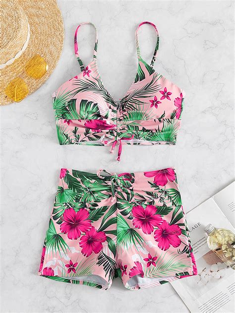 Tropical Print Drawstring Bikini Swimsuit Shein Uk