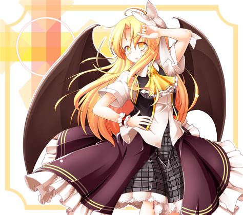 Safebooru 1girl Aka Tawashi Ascot Bat Wings Blonde Hair Checkered